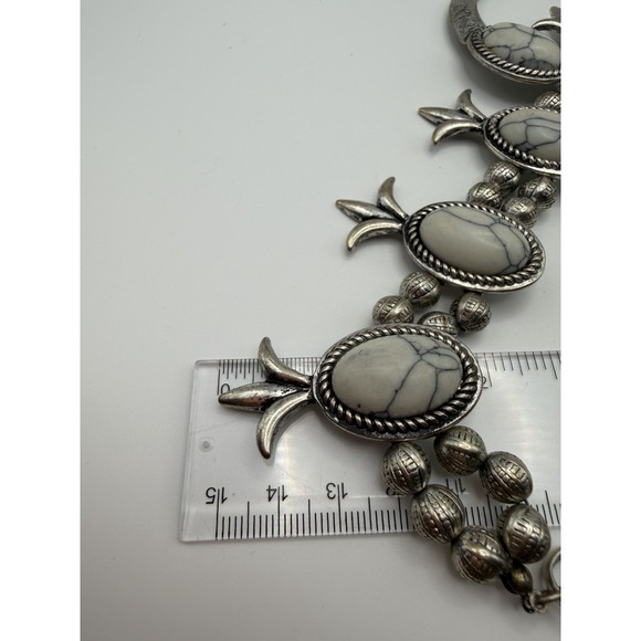 Southwestern Squash Blossom Naja Necklace White Faux Turquoise Silver Tone 22in - Picture 6 of 13